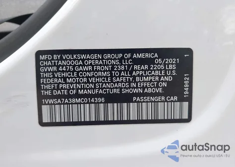 2021 Volkswagen Passat 2.0T Se from USA, damaged, VIN 1VWSA7A38MC014396